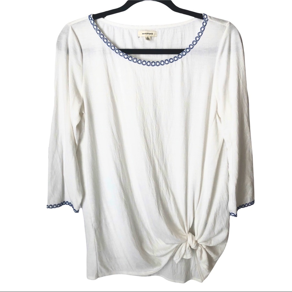 Max‎ Studio Top White 3/4 Sleeve Front Twist Embroidered Boho Knit Blouse Small